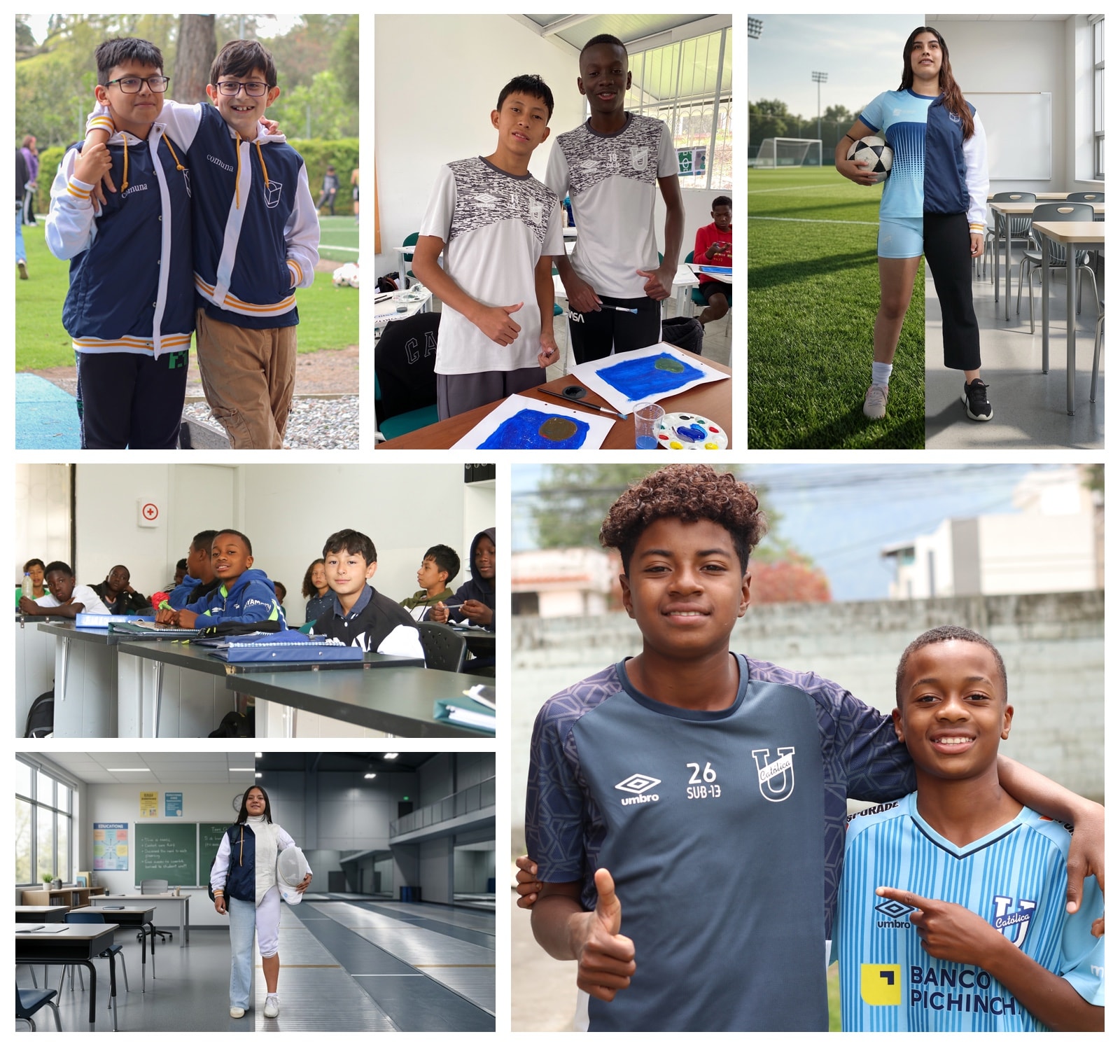 Collage de estudiantes de Comuna: dos amigos abrazados, estudiantes en clase de arte, una estudiante-atleta con balón, un aula y dos jóvenes futbolistas